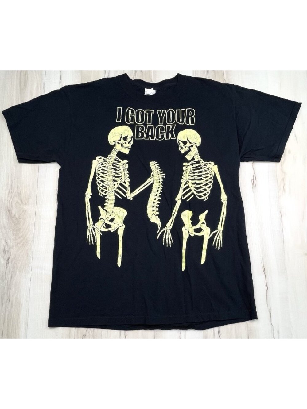 VTG JERZEES Adult LARGE Black I Got Your Back Glow in the Dark Skeleton T-SHIRT